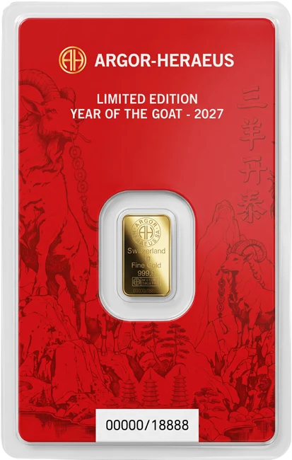 Investiční zlato - zlatý slitek 1g Argor Heraeus SA Year of the Goat (Rok kozy) 2027 Limited Edition