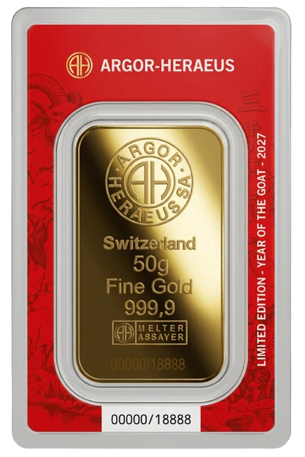 Investiční zlato - zlatý slitek 50g Argor Heraeus SA Year of the Goat (Rok kozy) 2027 Limited Edition